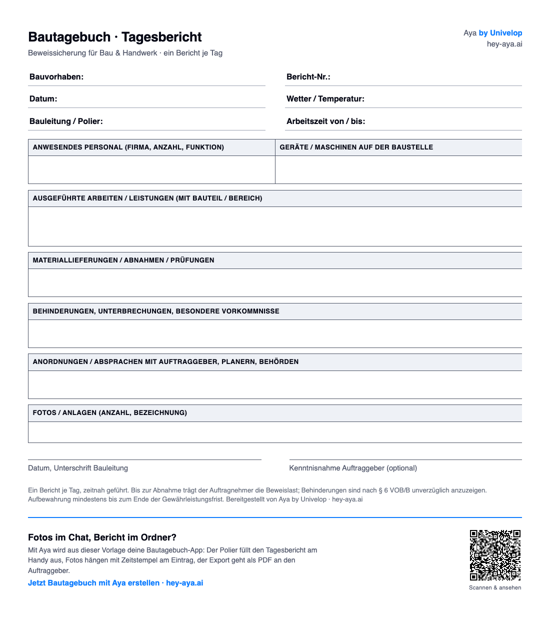 Vorschau der Bautagebuch-Vorlage: Tagesbericht mit Feldern für Bauvorhaben, Bericht-Nr., Datum, Wetter, Bauleitung sowie Sektionen für Personal, Geräte, Leistungen, Materiallieferungen, Behinderungen, Anordnungen und Fotos.