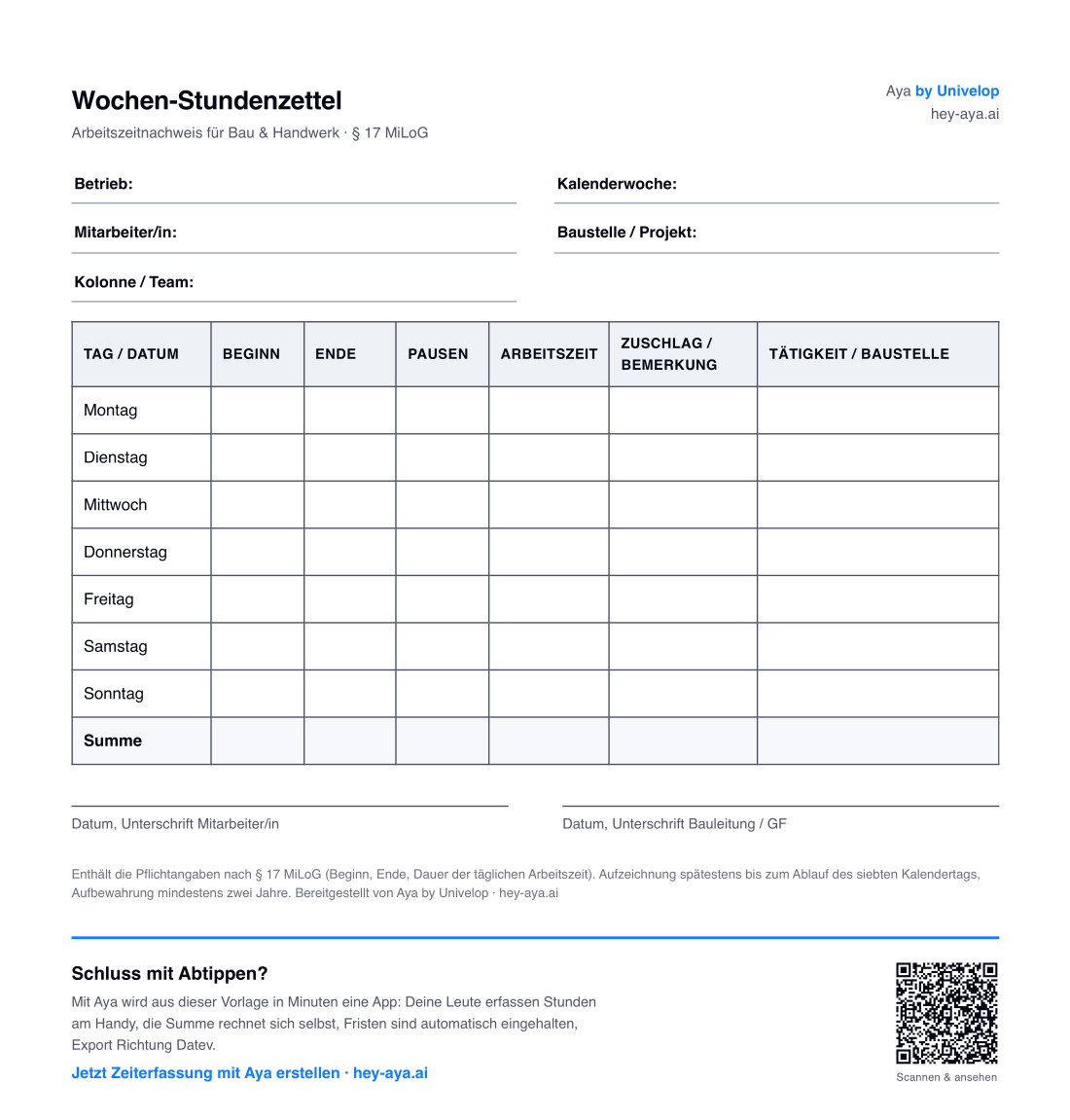 Vorschau der Wochen-Stundenzettel-Vorlage für Bau & Handwerk: Felder für Betrieb, Kalenderwoche, Mitarbeiter, Baustelle, Kolonne sowie Tabelle mit Beginn, Ende, Pausen, Arbeitszeit und Zuschlag.